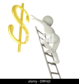 3D Cartoon Mann auf einer Leiter zu goldenen Dollarzeichen zu erreichen Stockfoto