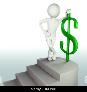3D Mann erfolgreich erreichte die Spitze der Treppe mit grünes Dollarzeichen Stockfoto