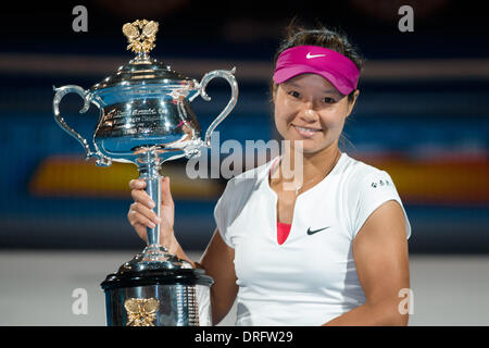 Melbourne, Victoria, Australien. 25. Januar 2014. 25. Januar 2014: 4. Samen Na LI (CHN) gewinnt die Australian Open 2014 am 13.Tag im Melbourne Park in Melbourne, Australien. Sydney Low/Cal Sport Media/Alamy Live-Nachrichten Stockfoto