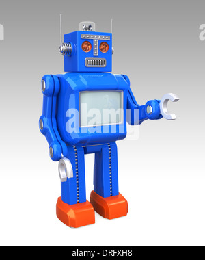 Blaues Vintage Roboter mit CRT-Monitor auf seinem Körper. Clipping-Pfad enthalten. Stockfoto