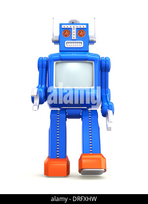 Blaues Vintage Roboter mit CRT-Monitor auf seinem Körper. Clipping-Pfad enthalten. Stockfoto