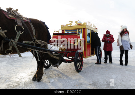 Märchenhafte Streitwagen mit Touristen machen ihre Runden auf dem gefrorenen Fluss Songhua-Fluss. 2014 internationale Eis- und Schneefestival Harbin Stockfoto