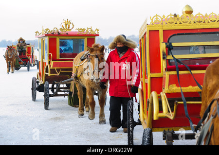 Märchenhafte Streitwagen mit Touristen machen ihre Runden auf dem gefrorenen Fluss Songhua-Fluss. 2014 internationale Eis- und Schneefestival Harbin Stockfoto