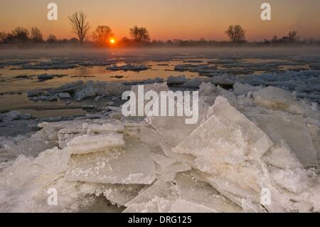 Lebus, Deutschland. 25. Januar 2014. Eisschollen Turm am deutsch-polnischen Grenzfluss Oder bei Sonnenaufgang in Lebus, Deutschland, 25. Januar 2014. Letzte Nacht Temperaturen auf minus 15,5 Grad Celsius in Brandenburg. Foto: Patrick Pleul/Dpa/Alamy Live News Stockfoto