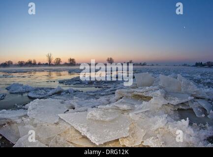 Lebus, Deutschland. 25. Januar 2014. Eisschollen Turm an der deutsch-polnischen Grenzfluss Oder bei Sonnenaufgang in Lebus, Deutschland, 25. Januar 2014. Letzte Nacht Temperaturen auf minus 15,5 Grad Celsius in Brandenburg. Foto: Patrick Pleul/Dpa/Alamy Live News Stockfoto