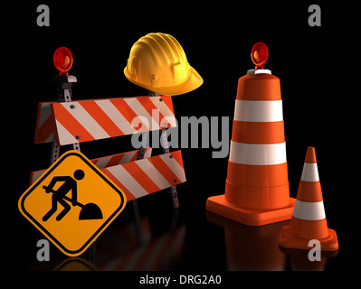 Straßenschilder mit Schutzhelm auf schwarzem Hintergrund. Clipping-Pfad enthalten. Stockfoto