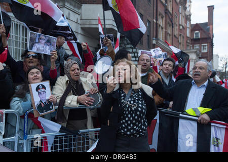 London, UK. 25. Januar 2014.  Anhänger von General Abdel-Fattah al-Sisi versammelten sich vor der ägyptischen Botschaft in London als Einspruch auf die Pro Mursi-Demonstration. Bildnachweis: Lydia Pagoni/Alamy Live-Nachrichten Stockfoto