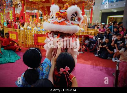 25. Januar 2014 - Kuala Lumpur, Malaysia - Kindern die Mandarinen von einem '' Löwen '' während einem Löwentanz zeigen als Chinese New Year schnell Ansätze in einer Shopping Mall außerhalb Kuala Lumpur, Malaysia, Samstag, 25. Januar 2014. Das diesjährige chinesische Neujahrsfest fällt am 31. Januar. (Credit-Bild: © Joshua Paul/NurPhoto/ZUMAPRESS.com) Stockfoto