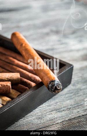 Rauch steigt aus eine brennende Zigarre Stockfoto