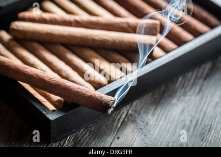 Brennende Zigarre auf hölzernen humidor Stockfoto