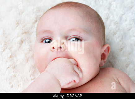 Kleines Baby beruhigend ihre juckende Zahnfleisch indem man ihr Daumen und die hand in den Mund Stockfoto