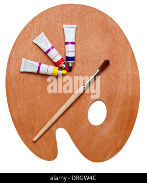 Farben, Lacke und Farbe Pinsel isoliert auf weiß Stockfoto