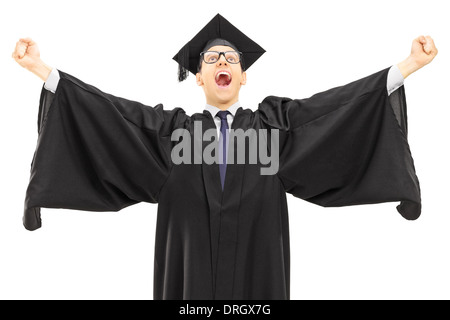 Aufgeregt College-Absolvent seine Hände in die Luft werfen und gestikulierte Glück Stockfoto