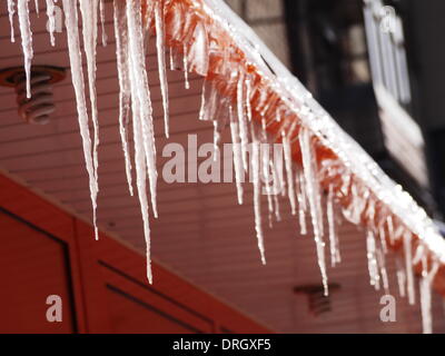 Lugansk, Ukraine. 26. Januar 2014. Eiszapfen auf dem Dach.   Heute Abend erreicht Frost in der Ostukraine-29 Grad Celsius. In den kommenden Tagen wird eine leichte Erwärmung zu erwarten. Bildnachweis: Igor Golovnov/Alamy Live-Nachrichten Stockfoto