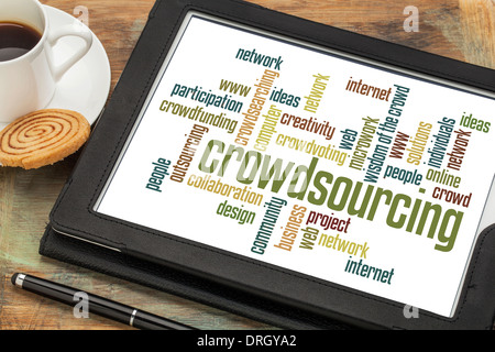 Crowdsourcing Wortwolke auf digitale Tablett mit einer Tasse Kaffee Stockfoto