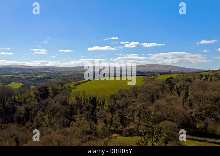 Blick auf den Teign Valley und Dartmoor-Nationalpark, von Castle Drogo, Drewsteignton, Exeter, Devon, Vereinigtes Königreich. Stockfoto