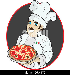 Diese Datei stellt einen Koch mit einer Pizza, in einem dunklen grauen Kreis. Stockfoto