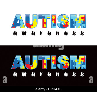 Der Begriff "Autismus" in Puzzlestücke geschrieben. Autism Awareness Farben und Symbole. Stockfoto