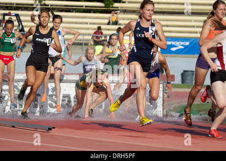 Weibliche Athleten in den Wassergraben beim Hindernislauf bei einem amerikanischen Leichtathletik Treffen in Kalifornien Stockfoto