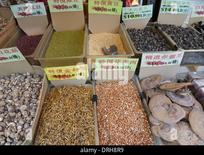 Getrocknete Pilze, Bohnen und andere Lebensmittel zu verkaufen, chinesischen Markt, Chinatown Stockfoto