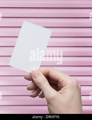 Weibliche Hand, die eine leere Visitenkarte Stockfoto