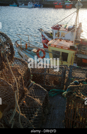 Angelboote/Fischerboote und Hummer Töpfe im Hafen von Howth, County Dublin, Irland. Stockfoto