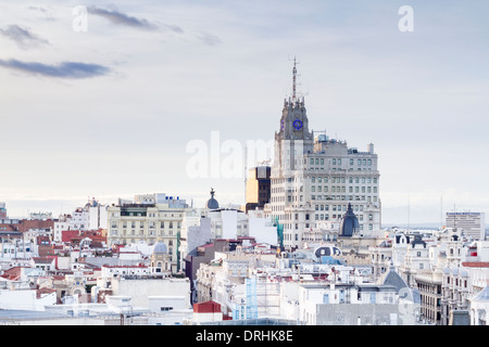 Telefonica-Gebäude und Panoramablick von Madrid, Spanien Stockfoto