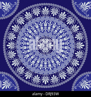 nahtlose Spitze traditionelle Vintage Runde griechischen Ornament (Mäander) und florale Muster auf blauem Grund Stockfoto