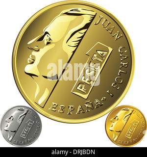 Spanische Geld Peseta Gold und Silber Münzen mit dem Profil des Monarchen Juan Carlos 1 Stockfoto