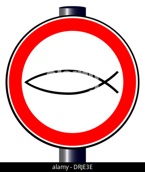Eine große runde rote Verkehrszeichen mit einem "Christian Fish"-Logo. Stockfoto