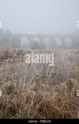 Einen Zug in Richtung über dem Viadukt Hurstbourne Prioren St Mary Bourne, Andover, Hampshire, an einem nebligen frostigen Tag Stockfoto