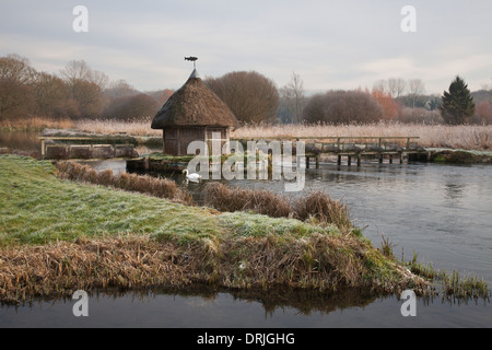 Frost auf dem Fluss Test und strohgedeckten Fischerhütte, Longstock, Hampshire, England Stockfoto