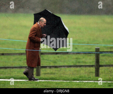 Sandringham, Norfolk, Großbritannien. 26. Januar 2014. HM Königin Elizabeth II zur Kirche in Sandringham.  Prinz Philip, Duke of Edinburgh, Schlachten mit einem Regenschirm im Regen nach St. Maria Magdalena Kirche für Sonntag Morgen-Service in Sandringham. Bild: Paul Marriott Fotografie/Alamy Live-Nachrichten Stockfoto