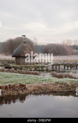 Frost auf dem Fluss Test und strohgedeckten Fischerhütte, Longstock, Hampshire, England Stockfoto