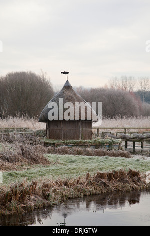 Frost auf dem Fluss Test und strohgedeckten Fischerhütte, Longstock, Hampshire, England Stockfoto