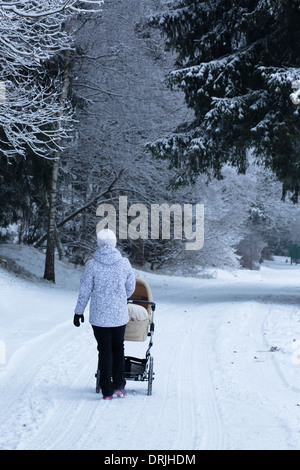 Eine Frau schiebt einen Kinderwagen oder Buggy in einem verschneiten Wald Stockfoto