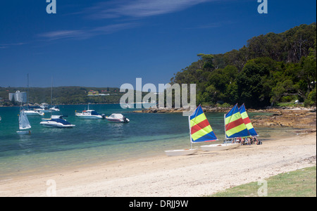 Vierzig Körbe Strand mit drei kleinen Segelbooten auf Sand North Harbour View über, Manly Sydney New South Wales NSW Australia Stockfoto