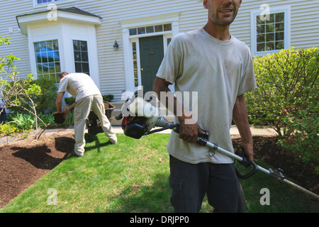 Landschaftsgärtner arbeiten in einem Garten, tun einer tut, Mulchen und einer Einfassung mit einem macht-edger Stockfoto