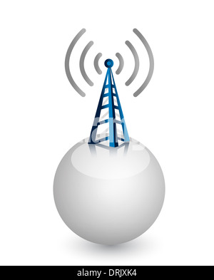 Wireless-Turm mit Radiowellen auf einer weißen Kugel Stockfoto