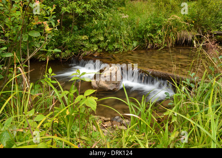 durch den Stein unten fließt der Fluss schnell Stockfoto