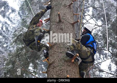 Jeseniky Berge, Tschechische Republik. 28. Januar 2014. Konkurrenten werden während des 20. Winter überleben 2014 internationalen militärischen Wettbewerbs in Jeseniky Berge, Tschechische Republik, auf Dienstag, 28. Januar 2014 gesehen. Das militärische Winter überleben ist ein Ausdauer Polyathlon Wettbewerb Militärpatrouille Betrieb in unbekannten Winter Berggebiet zu simulieren. Dreiköpfige Teams konkurrieren in die anspruchsvollen Veranstaltungen und mehr als nur körperliche Kondition und Ausdauer zeigen. Bildnachweis: Ludek Perina/CTK Foto/Alamy Live-Nachrichten Stockfoto