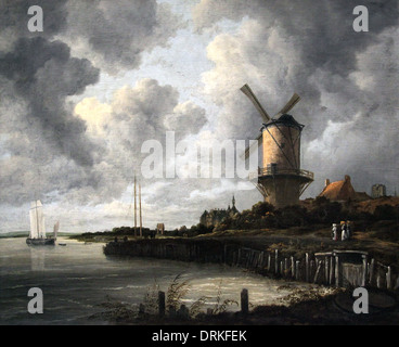 Windmühle in Wijk bij Duurstede von Jacob Isaacksz. Van Ruisdael, (1668-1670). Blick auf den niedrigen Horizont mit Turmmmühle, bewölktem Himmel, River Lek und Wooden Pier. Stockfoto