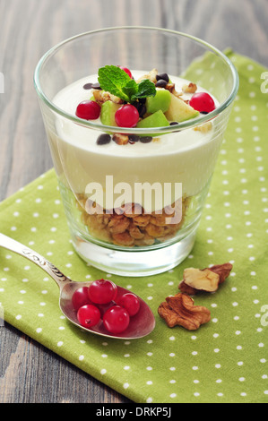 Hausgemachtes Dessert mit Äpfeln, Nüssen, Cranberry, Joghurt und Müsli in Gläsern Stockfoto