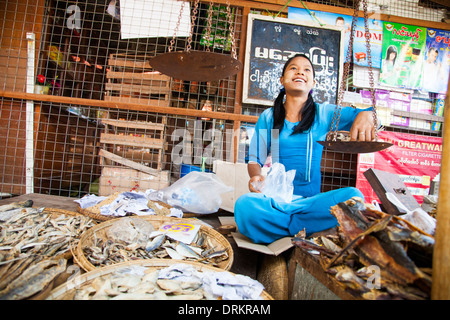 Getrocknete Fischverkäufer, Bagan Myanmar Stockfoto