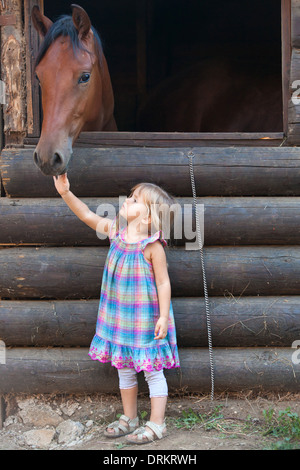 Kleines blondes Mädchen streicheln das braune Pferd Stockfoto