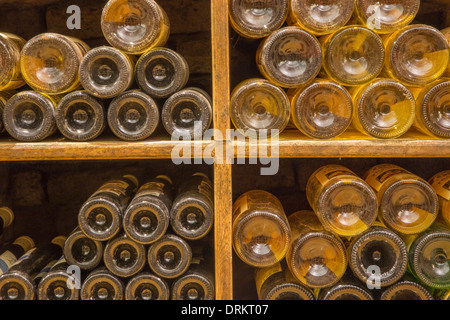 BRATISLAVA, Slowakei - 23. Januar 2014: Detail der Weinflaschen aus inneren callar des großen slowakischen Produzenten. Stockfoto