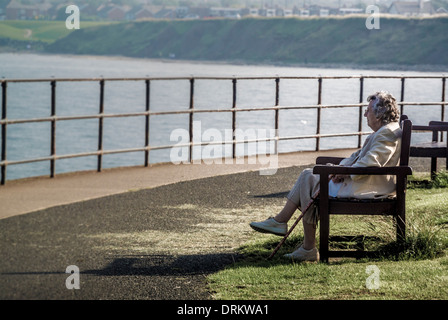 Ältere kaukasische Hündin, die auf einer Bank an der Promenade von Whitley Bay, Tyne, sitzt und trägt Stockfoto