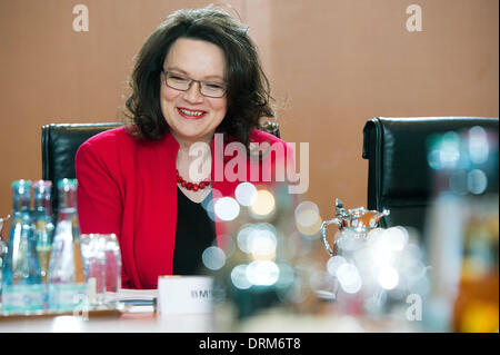 Berlin, Deutschland. 29. Januar 2014. Deutsche Arbeitsminister Andrea Nahles beteiligt sich an der deutschen Kabinettssitzung in Berlin, Deutschland, 29. Januar 2014. Foto: MAURIZIO GAMBARINI/Dpa/Alamy Live News Stockfoto