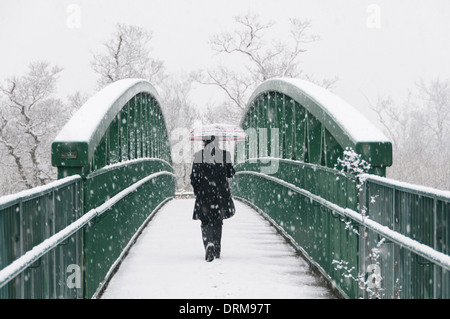 HERTFORD, UK - 14. Januar 2013: Eine Frau geht über die Brücke über die A414 bei starkem Schneefall. Stockfoto