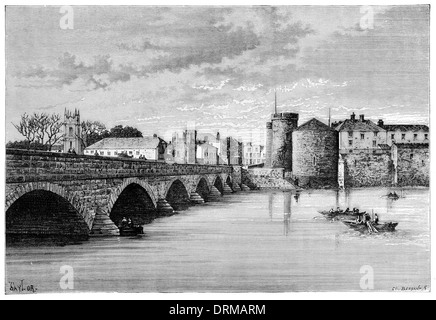 Limerick. Die Thomond Bridge und King John Castle ca. 1850 Stockfoto